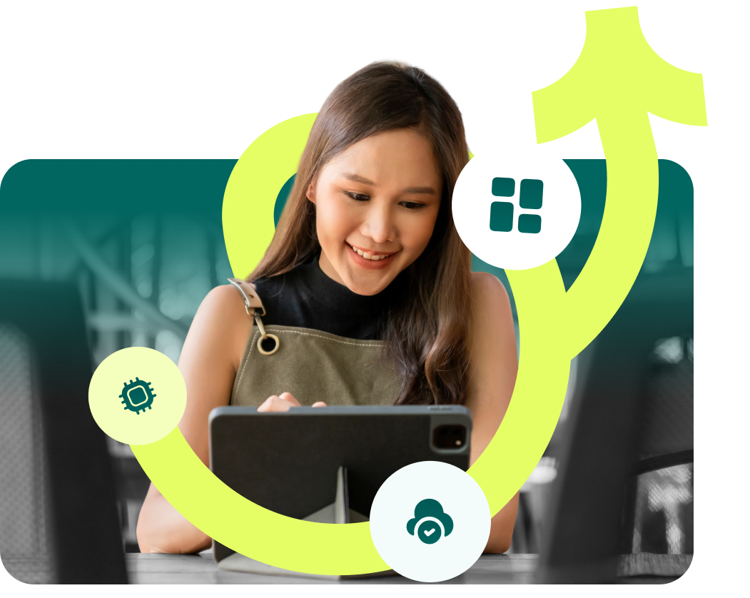 App icons for connected tools around a smiling worker using a tablet.