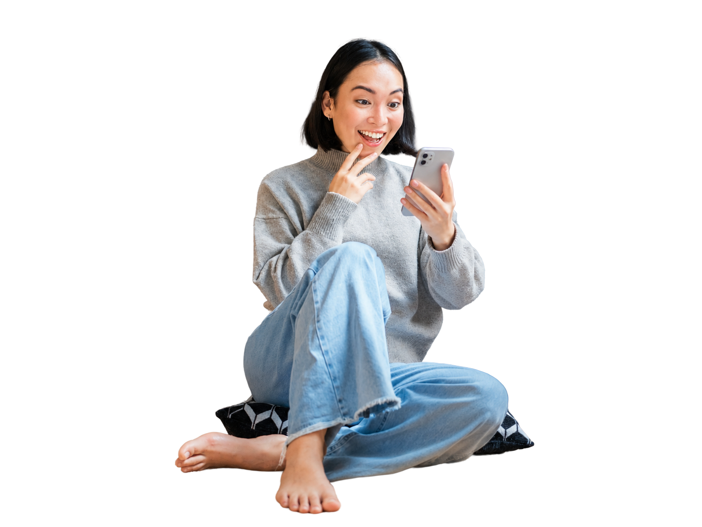 Cards about flexible plans, a dedicated team, insights without extra hires, and measurable results, beside a woman smiling at her phone.