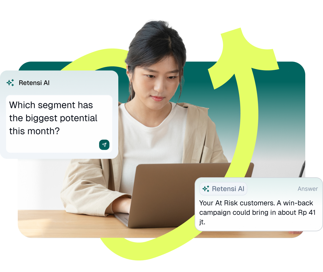AI chat where Retensi AI says At Risk customers have the biggest potential, over a woman working on a laptop.